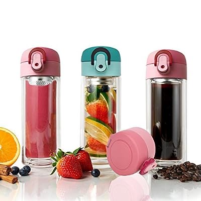 Tenta de cuisine Mug Infuseur à thé en verre à double paroi 300 ml, verre, Infusion de fruits, bouteille en verre et café Brewer avec filtre et feuille de Seal-well Intégré(1,Rosa)