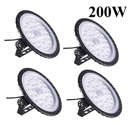 200W UFO LED High Bay Light lamp Factory Warehouse Iluminación industrial 10000 Lumen 6000-6500K IP65 Warehouse Luces LED Iluminación comercial Bay para garaje Factory Workshop Gym (200W, 4 pieza)
