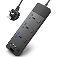 BEONE Extension Lead Cord, 2 Meter Power Strip Plug Adapter with 3 Way Power Extension Cord 3 USB Ports Cable Surge Protector (T11,Black)