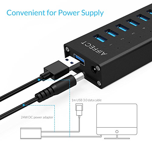 AIFFECT 10 Port USB 3.0 SuperSpeed Charging Hub with Power Adapter, BC 1.2 Charging Support – Black - 6