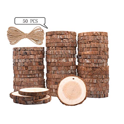 Rodajas de Madera Círculos 6-7 cm 50 pcs TICIOSH Discos de Madera Rebanada 20m Cuerda de Cáñamo Maderas Naturales Perforado Con Corteza de Árbol Para Manualidades