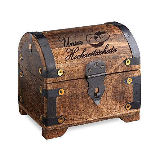 Holztruhe (Holzkiste) als Schatztruhe – mit Gravur zur Hochzeit - Unser Hochzeitsschatz - Schmuckkästchen, Aufbewahrungsbox, Bauernkasse oder Spardose - dunkles Holz- 14 cm x 11 cm x 13 cm
