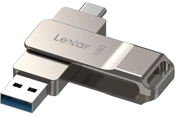 Lexar D40E Unidad Flash Dual USB Tipo-C, USB-A/C, 128GB, Champán Plateado | USB 3.2 Gen 1, Type-C, Carcasa de Metal, Diseño Giratorio