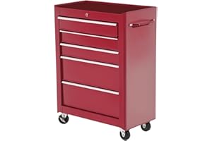 HOMCOM Carro Caja de Herramientas Taller Movil 5 Cajones 4 Ruedas Cerradura Color Rojo