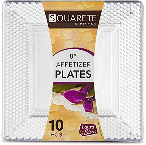 [10 Pack] Clear Square Hard Plastic Disposable Hexagon Design Party Plates (8"- 20.5cm- Plates)