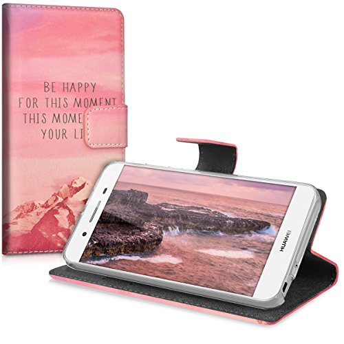 kwmobile Funda para Huawei GR3 P8 Lite Smart - Wallet Case Plegable de Cuero sint  tico - Cover con Tapa Tarjetero y Soporte Dise  o Be Happy en Rosa Claro Violeta Coral