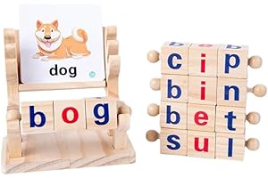 WOEAU Wooden Spelling Games - Short Vowel Blocks for Kids Sight Words Montessori Spinning Alphabet Learning Toy Spelling Toys & Sets Spelling Games for 3 Year Olds Boys Girls