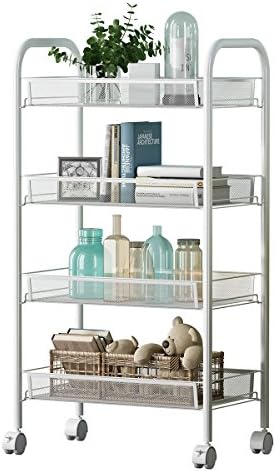 4-Shelf D10.2" W17.5" H33" White Steel Storage Rack Basket Shelving Unit Trolley Cabinet Kitchen Island with Caster Wheels WJM4685-4WH