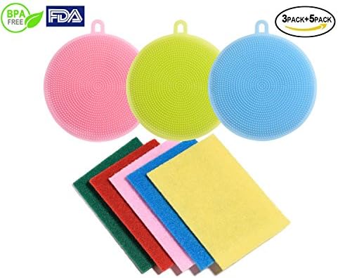 Food Grade Silicone Dish Scrubbers Antibacterial Brushes Multi-purpose Cleaning Brushes Kitchen Sponges for Washing Glass Bottle Pot Pan Fruit and Vegetable 8 Pack (8 Pack round shape in multi-color)