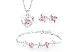 Josfeva Parure Femme Argent Fin 925, Ensemble de Boucles d'oreilles Bracelet en Forme de Trèfle Collier de Coeur avec Zircon Cubique Blanc, Clous Chaîne Pendentif Hypoallergénique pour Femme Fille