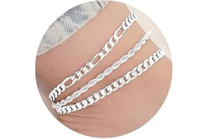 BelleVive 3 Pieces Sterling Silver Anklets for Women with Strong Clasp, Cuban Link, Figaro, Flat Mariner, Snake Herringbone, Paperclip, Waterproof Anklet