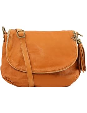81412234 - TUSCANY LEATHER: TL Bag Damen Umhängetasche aus weichem Leder mit Quasten, Cognac