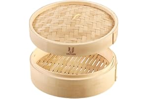 UNTIOR Dampfgarer Bambus, 2 Etagen Bambus-Dämpfer mit Deckel, Bambus Dämpfaufsatz und Dampfkorb Reiskocher Bambusgarer für Sim Sum Dumplings, Gemüse, Reis, Fleisch und Fisch (7"-1)