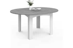 IDMarket - Ausziehbarer runder Esstisch DONA 4-8 Personen weiß Tischplatte Betoneffekt 110-150 cm