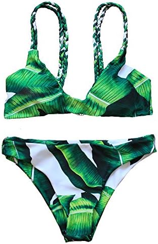 Feibi Women's Bikini Set Printing Tassel Push up Padded Top + Low Rise Bottom Swimsuit 2 Piece Bathing Suits (L, Green-02)