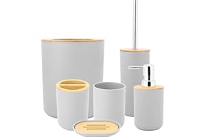 DIOCHE Juego de accesorios de baño, 6 piezas, organizador para fregadero de baño, caja de jabón, soporte para cepillo de dientes, taza de enjuague, botella de loción (gris)