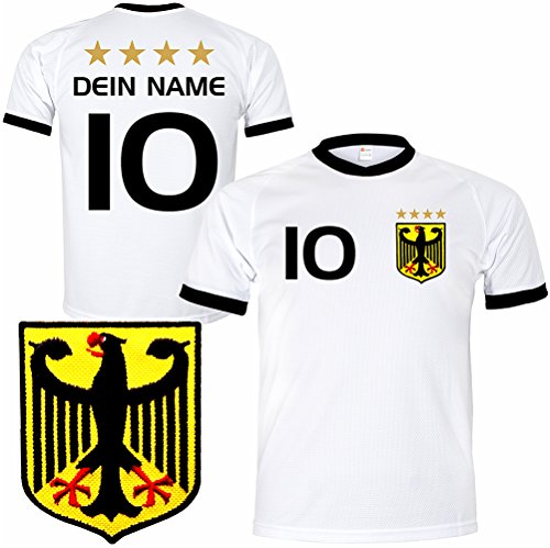 Deutschland Trikot mit GRATIS Wunschname + Nummer + Wappen Typ #D25 günstig im EM / WM weiss – Geschenke für Kinder,Jungen,Baby,.. Fußball T-Shirt personalisiert als Weihnachtsgeschenk