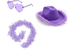 ZOOMPIL Women Cowgirl Hat, Sombreros de Vaquero Tejano de Pluma, Con Boa de Plumas y Gafas de Sol de Corazón, Para Despedida de Soltera, Fiesta de Disfraces, Disfraces de Juego