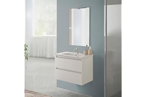 Inbagno Mobile bagno sospeso 70 cm rovere bianco con 2 cassetti, completo di lavabo e specchiera a filo reversibile, NADIA
