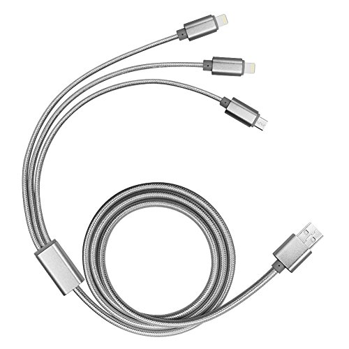 USB Ladekabel, 3 in 1 Multifunktions -Durable Geflochtene Micro-USB-Ladekabel Kabel / für iPhone 5 5C 5S 6 7Plus / für Android-Handy( 2 Lightning und 1 Micro-Silber)