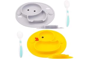 NOVOS Plato de Silicona para Bebe - Plato Infantil Antideslizante con Succion para Aprendizaje Bebes y cuchara tenedor (DuckY/PigG)