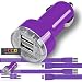 Produktbild IWIO LG G4 H815 Lila Raschen 2000 mAh Kompakte Einschuss DOPPEL Kleine schnelle Reisen DC 12V / 24V Auto Ladeger‰t USB Adapter mit 2 x 1 Meter flachen Daten Sync PC Laptop Ladekabel