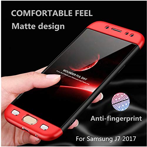 Funda Samsung J7 2017 Cubierta de 360  Caja protectora PC Shell duro Anti-Shock A prueba de choques Almohadilla anti-rasgu  o del protector completo del cuerpo 360 grados Cubierta completa Caso mate de la protecci  n 3 en 1 Rojo y negro 
