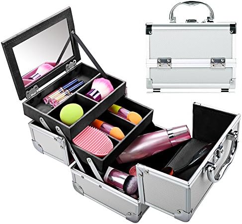 Cosmetic Make Up Storage Box, Mini Aluminium Beauty Make Up Nail Cosmetic Box Vanity Case (Sliver_Black)