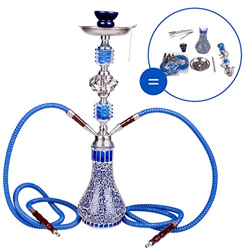 DXP Wasserpfeife Shisha Mosaik Hookah mit 2 Schläuchen ca.55cm inkl. Kohlezange, Tonkopf Zubehör JYH04 Blau