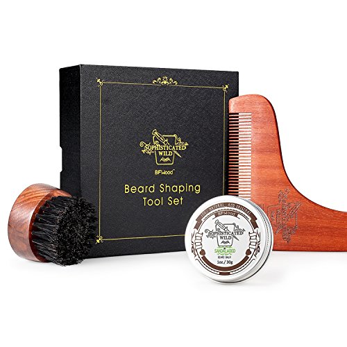 BFWood Cepillo de Barba y Peine a Juego – Cepillo de Viaje Redondo con Cerdas de Jabalí + Plantilla de Moldeado de Madera + Bálsamo de Barba 30g