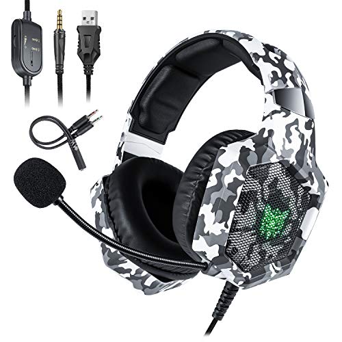 Deruitu - Auriculares para Juegos para PC PS4 Xbox One, ONIKUMA LED luz Surround Sound Gaming Auriculares con micrófono para portátil/Mac OS/teléfono móvil/Tableta, etc.