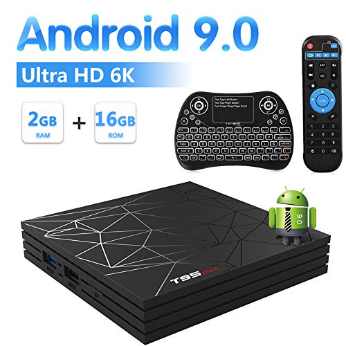 T95 MAX Android 9.0 TV Box con Mini Teclado Inalámbrico Iluminado, 2GB RAM 16GB ROM Allwinner H6 Quad Core Cortex-A53 CPU Mali-T720MP2 GPU 6K 4K H.265 Resolución 100M LAN Enternet 2.4GHz WiFi USB 3.0