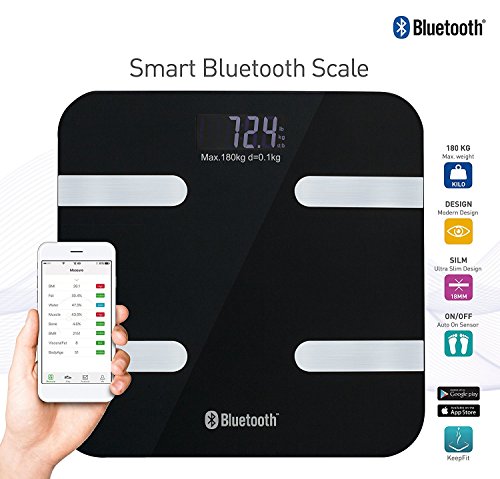 Digital-Waage Bluetooth Körperfett Muskelmasse Wasser iOS & Android App Digitale Personenwaage mit Körperfettmessung (Schwarz)