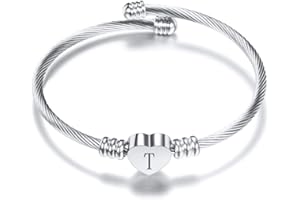FGT Initial Letter Cuff Bracelet for Women Girls Expandable Love Heart Silver Alphabet Bangle Family Mum Daughter Mothers Day Valentine Birthday