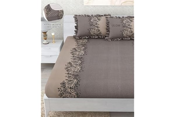 ULOM 350 TC Premium Heavy Cotton Feel Elastic Fitted Bedsheet King Size with 2 Frill Pillow Covers King Size Double Bed with All Around Elastic (Coffee Frill, Fitted - 72"x78" King)