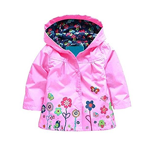 Arrowhunt Baby Girls' Cute Floral Printed Waterproof Hooded Coat Raincoat Pink