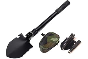 MEETOZ Military Portable Folding Camping Shovel and Pickax, Small Compact Pickaxe with Carrying Pouch, Military Entrenching Survival Multitool for Camping, Hiking, Backpacking, Back Yard, Store