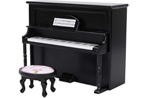 ZERODIS Dollhouse Mini Upright Piano Toy, Mini Upright Piano Model Toy with Stool Simulation Furniture Decoration for 1/12 Doll House Accessories(Black)