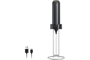 ELMWAY Rechargeable Milk Frother – Handheld Coffee Frother & Electric Foam Maker with Stainless Steel Whisk, Drink Mixer for Lattes & Cappuccinos, Charging Stand & Wall Mount – Black