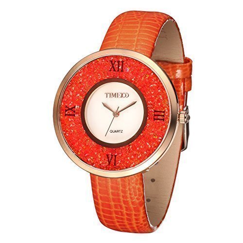 TIME100 Damenuhr Diamant Retro Runde römische Ziffern Quarz Leder Orange#W50280L.03A