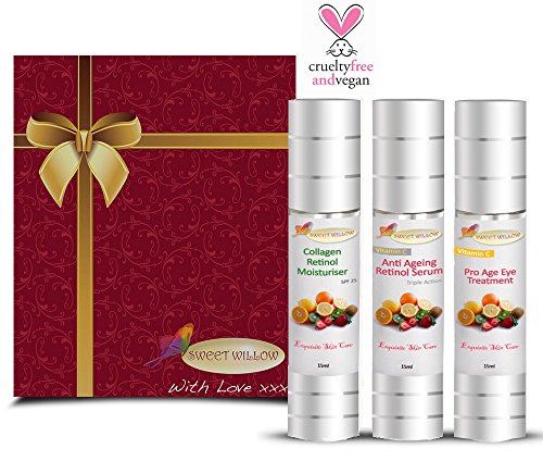 Sweet Willow® Organic Skin Care Gift Box - Anti Ageing Retinol Serum + Collagen Moisturiser + Pro Age Eye Treatment. Unique Anti Ageing Treatments Harnessing The Power Of Plant Extracts To Nourish, Firm And Tighten Ageing Skin