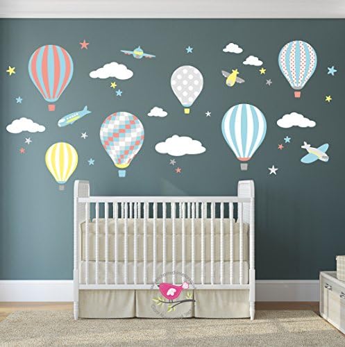 Hot Air Balloon Wall stickers, planes, white clouds & stars. Kids Wall Decal. Baby Decor, Turquoise, Grey Nursery, Yellow and Coral, Neutral