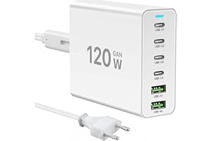 SCCVEE GaN 120W Ładowarka USB C, wielokrotnego ładowania PD, 6-portowa stacja ładująca kompatybilna z iPhone/Samsung/Google/Tablet/Mobil power/smartwatch i innymi urządzeniami USB (Biały)