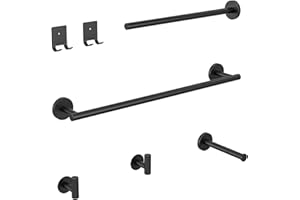 Auralum Accesorios Baño Negro sin Taladro/con Taladro,2-1 Juego Accesorios Baño de Acero Inoxidable,5 Piezas Juego de Accesorios de baño Contiene Toalleros Baño，Portarrollos，Gancho para Toallas