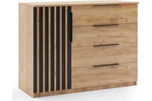 BM-MÖBEL B&M Furniture Komoda z lamelami Sorento – nowoczesna komoda minimalistyczny, styl loftowy – 120 x 48 x 89 cm – korpus Craft Gold, fronty czarny/złoty …
