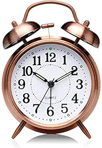 AubeAlba Retro Vintage Design Double Twin Bell Tabletop Alarm Clock with Night LED Light Display Alarm Clock for Bedroom Heavy Sleepers Kids and Students (Classic Copper)