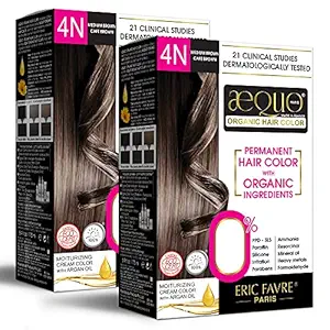 byPureNaturals Aequo Organic Cream Hair Colour 4N Medium Brown for Women,170 ML| Natural Long Lasting Permanent Color for Hair| 100% Grey Coverage| PPD & Ammonia Free Pack of 2