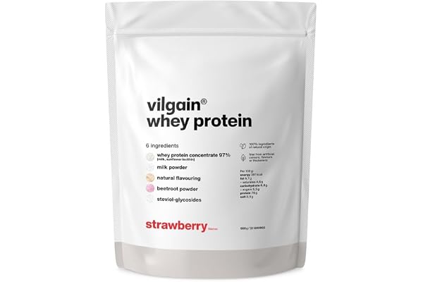 Vilgain Whey Protein (1000g) Jordgubbe – Proteinpulver från gräsbetesmjölk, sötad med stevia, utan artificiella smakämnen, ultrafiltrerat koncentrat, krämig & god