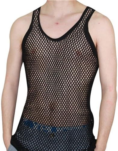 ml MassAri Limited MENS STRING MESH VEST SLEEVELESS FITTED 100% COTTON GYM TRAINING TANK TOP T SHIRT FISH NET (Black, Large)