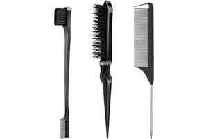 SWEET VIEW 3 Pcs Slick Back Hair Brush Set with Edge Brush, Bristle Brush, Rat Tail Comb, Teasing Brush Set for Smoothing Baby Hair & Flyaways - Black